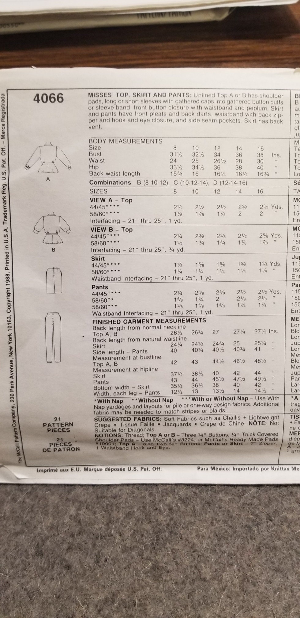 Style 4066 Pattern Vintage Mccall's #4066 EASY Sewing Pattern Misses' Top, Skirt, & Pants ...