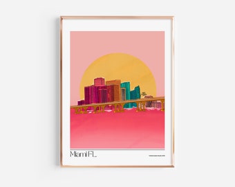 Miami FL skyline Art Print | Digital Download | 16x20 inches | Retro Wall Art