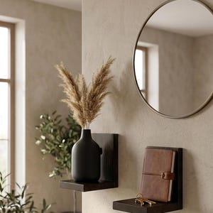 May include: Two dark brown L-shaped wooden wall shelves mounted on a beige wall. The left shelf holds a matte black vase with dried pampas grass. The right shelf holds a brown leather-bound notebook and a set of metal keys. A round mirror is above.