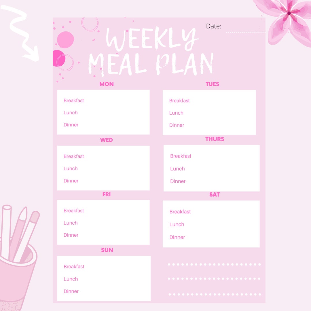 Pink Weekly Meal Plan Printable, Girly Week Menu Planner, Weekly Food