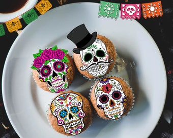 12 Edible Day of the Dead Skull Themed Cake Toppers Pre-Cut