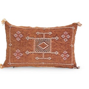 Moroccan Throw Pillow 21&quot;x13&quot;, Brown, Cactus Silk Pillow Handmade by Berber Artisans in Morocco