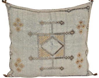 Handmade Moroccan Cactus Silk Pillow Cover: Berber Artisan Embroidery, Gray 20x20