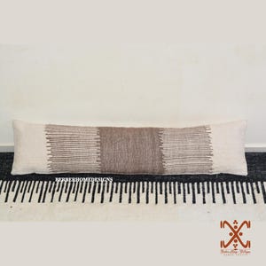 Handmade Berber Lumbar Pillow Cover – 54"x13", Gray & White Wool Cushion, Authentic Moroccan Textile