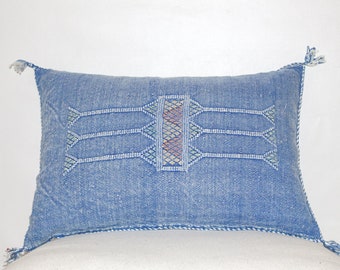 Moroccan Throw Pillow 21"x13", Blue, Cactus Silk Pillow Handmade by Berber Artisans in Morocco