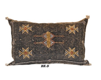 Moroccan Throw Pillow 21"x13", Black, Cactus Silk Pillow, Handmade by Berber Artisans in Morocco