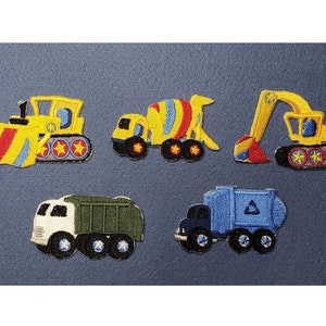 May include: Five colourful embroidered iron-on patches featuring different types of vehicles: a yellow bulldozer, a yellow cement mixer, a yellow excavator, a white tipper truck, and a blue refuse truck.