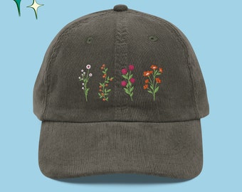 Wildflower Embroidered Corduroy Hat, Nature Lover Gift for Granola Girl, Retro Nature Hat