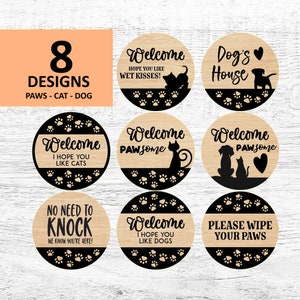 Deurhanger SVG bundel met kat en hond silhouet, rond houten bord, pootafdruk, laser gesneden vijl #55