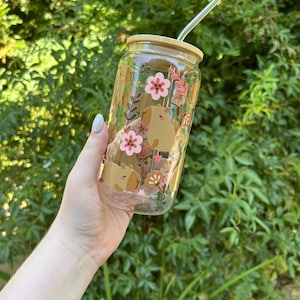 Capybara Glass Cup - 16oz Cute Animal Inspired Iced Coffee Tumbler with Bamboo lid and Metal Straw