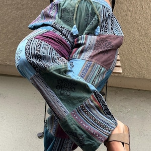 Himalayan Patchwork Hippie Pants with Pockets and Elastic Waist