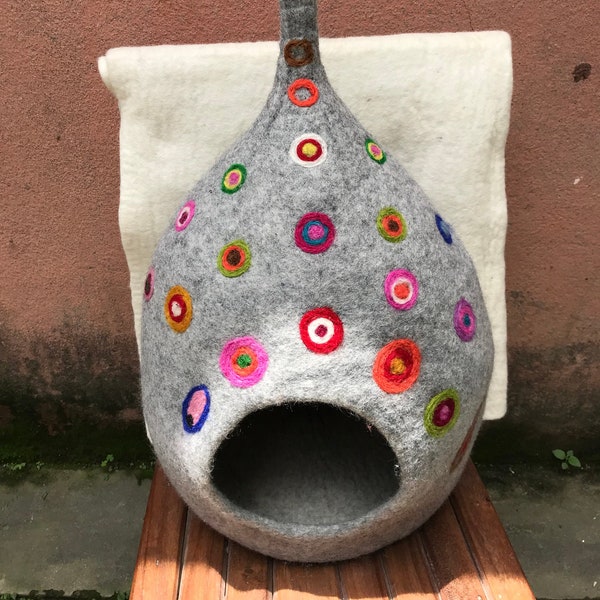 Wool Felt Natural Colored Cat Bed | Felt Cat Cave  100% Wool and Handmade | FREE SHIPPING