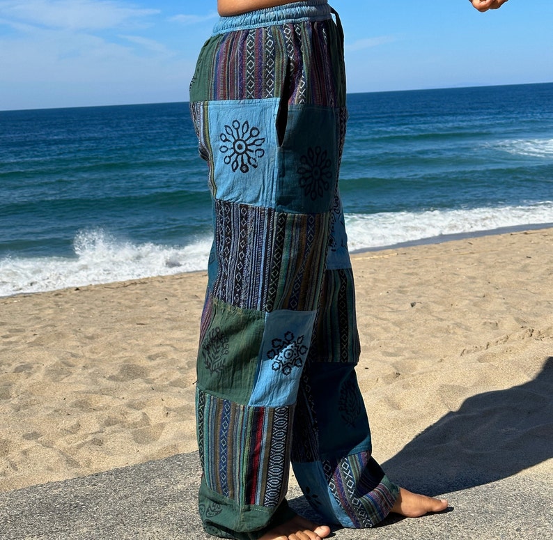 Himalayan Patchwork Hippie Pants with Pockets and Elastic Waist image 3