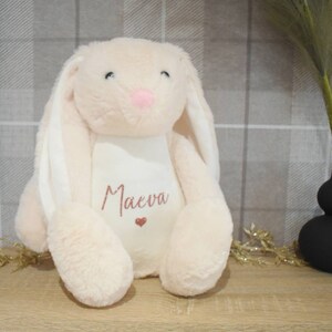 May include: A soft, plush pink bunny with long white ears. The bunny has a white patch on its chest with the name "Maeva" embroidered in pink.