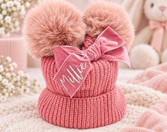 Personalised double pompom warm winter hat kids