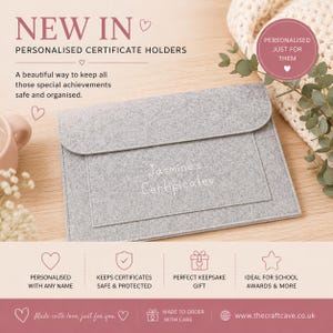 May include: A light grey felt certificate holder featuring a flap closure and the text Jasmine's Certificates embroidered on the front pocket. The holder is displayed with promotional text including New In, Personalised Certificate Holders, and various icons.