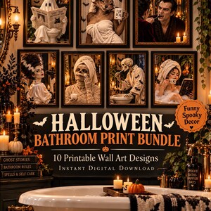 May include: A collection of seven framed wall art prints featuring Halloween characters in bathroom settings, including a ghost reading a newspaper, a werewolf, a vampire, a bride, a mummy, a skeleton, and a person in a bathtub with text.