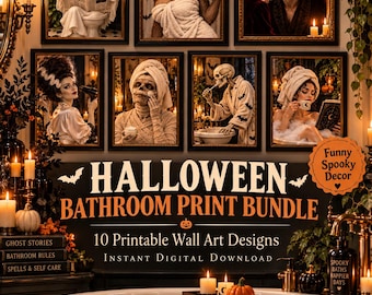 Spooky Bathroom Wall Art Bundle | Funny Ghost & Halloween Prints | Gothic Bathroom Decor | Digital Download