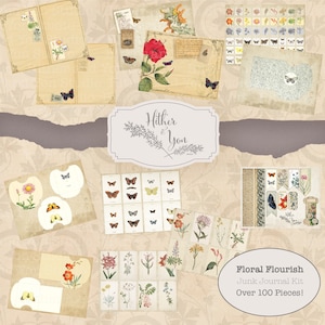 Junk Journal Kit and Ephemera Pack featuring vintage butterfly book plates and vintage floral pages. Includes cards, pockets, Tags