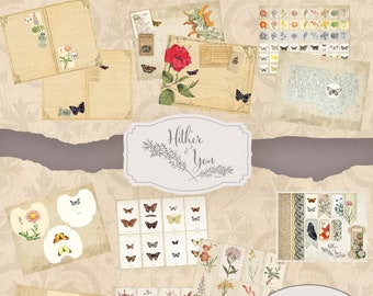 Printable Ephemera Pack featuring vintage butterfly book plates and vintage floral pages. Includes cards, pockets and more your junk journal