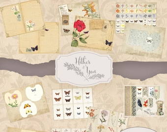 Junk Journal Kit and Ephemera Pack featuring vintage butterfly book plates and vintage floral pages. Includes cards, pockets, Tags