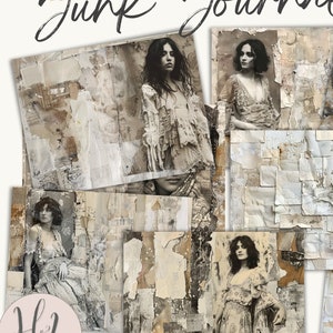 Páginas de diario basura gitano, páginas con collages de recortes con fotos gitanas antiguas para diario basura doblado a la mitad Papeles de diario con temática boho gitana
