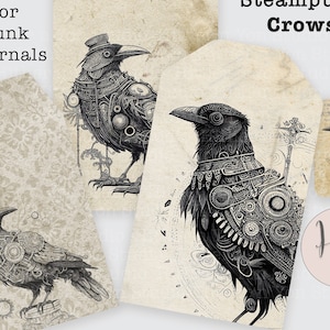 Tags Steampunk Kraaien Ephemera, Junk Journal Supplies, Crow Raven Thema Halloween, Uurwerk, Tandwielen, Grimoire-dagboek, Idee Steampunk Journaal