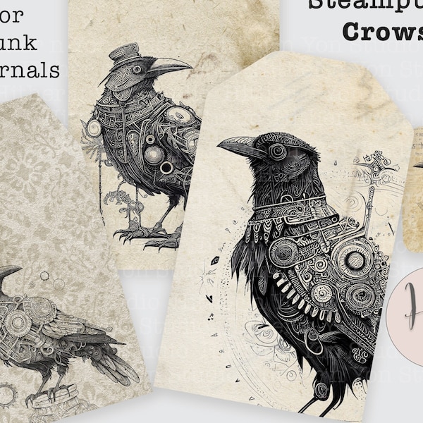 Steampunk Crows Ephemera Tags, Junk Journal Supplies, Crow Raven Theme Halloween, Clockwork, Gears, Grimoire Journal, Steampunk Journal Idea