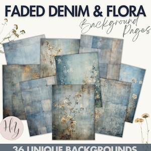 Paquete de papel para manualidades con papel. Fondos de revistas basura con motivos florales y denim descolorido, papeles para collage, fabricación de tarjetas y manualidades con papel. Uso comercial.