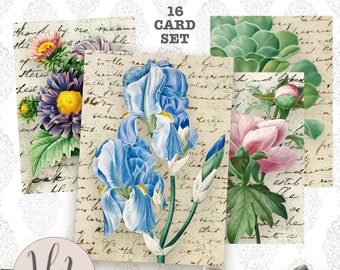 Journal Cards, Flower Cards, Digital Collage Sheet, Digital Cards, Flower ATCs, ACEO, Retail Hang Tags