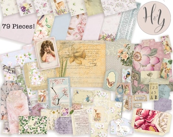 Pretty Junk Journal Kit. Digital download papers and ephemera with delicate floral designs. Use for spring journals, mothers day journals.