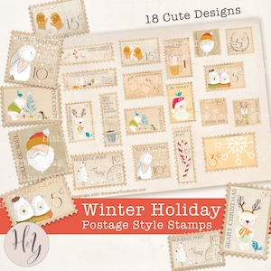 Junk Journal imprimables Timbres-poste de Noël, album de scrapbooking vacances hiver, papier de découpage Noël, pack éphémères de vacances, Junk Journal