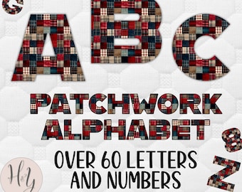 Patchwork Alphabet PNG, Scrapbooking lettres et chiffres, couverture de journal indésirable monogramme PNG lettres, journal d'hiver Noël indésirable journal Tartan