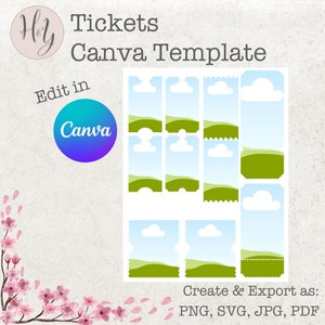 Op de afbeelding: Een Canva-sjabloon voor het maken van tickets met een groene grasheuvel, blauwe lucht en witte wolken. De tekst "Tickets Canva Template" staat bovenaan de afbeelding. De tekst "Edit in Canva" staat in een paarse cirkel onder de titel. De tekst "Create & Export as: PNG, SVG, JPG, PDF" staat onderaan de afbeelding.