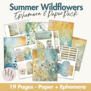 Junk Journal Kit Sommer Wildblumen Thema für Scrapbooking oder Papierhandwerk. Der digitale Download enthält Hintergrundpapiere und Ephemera-Seiten