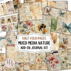 Kit complémentaire technique mixte Nature, pages de journal pliées en deux compatibles avec le kit botanique aquarelle originale, complément éphémère et kit papier