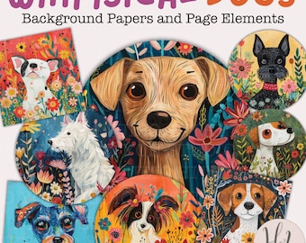Whimsical Dogs Elements Background Paper Pack including colorful Dogs, Flowers and Parks for Junk Journals, Scrapbooking Paper, Kids Crafts