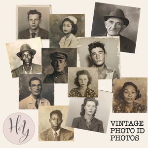 Fotos de identificação com foto vintage, fotos antigas de anuários para artesanato em papel, projetos de diário e fólio de lixo, cartões de identificação vintage, retrô