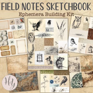 May include: A collection of vintage-style ephemera and sketchbook elements. The image features botanical illustrations, animal sketches, and decorative frames. Text includes "Field Notes Sketchbook" and "Ephemera Building Kit."
