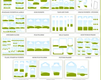 May include: 15 pages of printable embellishments for scrapbooking and paper crafts. The designs feature a green and blue landscape with clouds. The pages include standard pockets, side pockets, tags and tabs, circle pockets, specimen slides, file folders, belly bands, side tucks, flags, stamps, tickets, picture frames, labels, torn scraps, and envelopes.