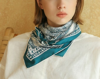 Grande écharpe en soie turquoise 90 cm pour femmes, grande écharpe carrée, écharpe en soie noire, foulard en soie, foulard en soie, écharpe en sergé de soie