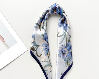 Blue bell small silk scarf women, 100% silk bandana women, silk head scarf, silk hair scarf, silk neck scarf, silk neckerchief women