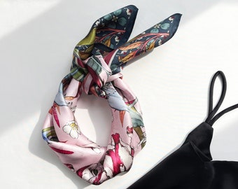 68cm Floral silk scarf women, silk bandana women, silk neck scarf,silk neckerchief, silk head scarf,silk hair scarf,square silk scarf leaves