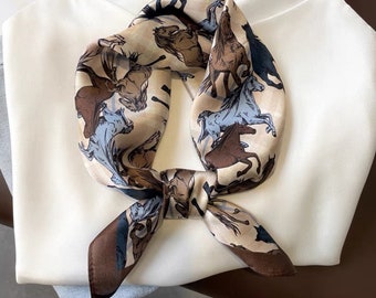 Horse print small silk scarf square, mens neckerchief, mens silk scarf, silk neckerchief women, silk bandana men, silk hair scarf