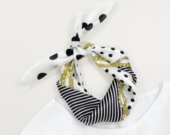 Black polka dot small silk scarf square for women, silk bandana women, silk hair scarf, silk neckerchief, silk neck scarf, silk head scarf