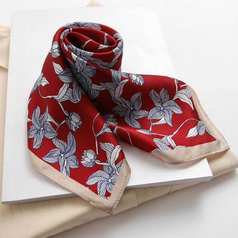 Red silk scarf square for women&men, silk bandana, small silk scarf, mens silk scarf leaves silk neckerchief silk head scarf silk neck scarf image 3