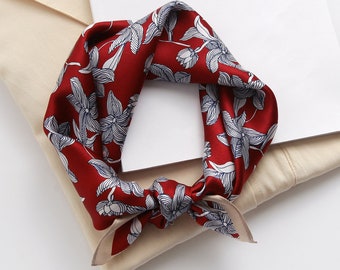 Red silk scarf square for women&men, silk bandana, small silk scarf, mens silk scarf leaves silk neckerchief silk head scarf silk neck scarf