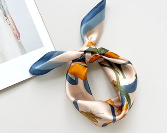 Lily Floral small silk scarf women, silk head scarf, 100% silk bandana women, silk hair scarf, silk neck scarf, silk neckerchief women