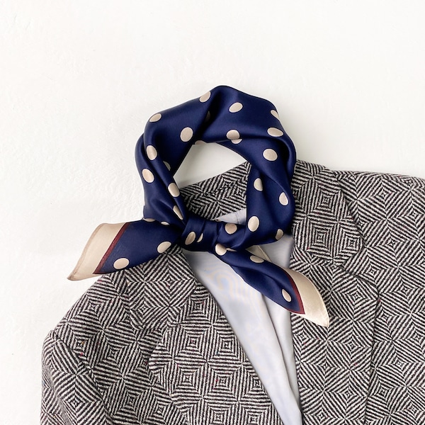 Classic Navy polka dot small silk scarf women men, silk bandana women, silk neck scarf, silk head scarf, mens neckerchief, silk neckerchief