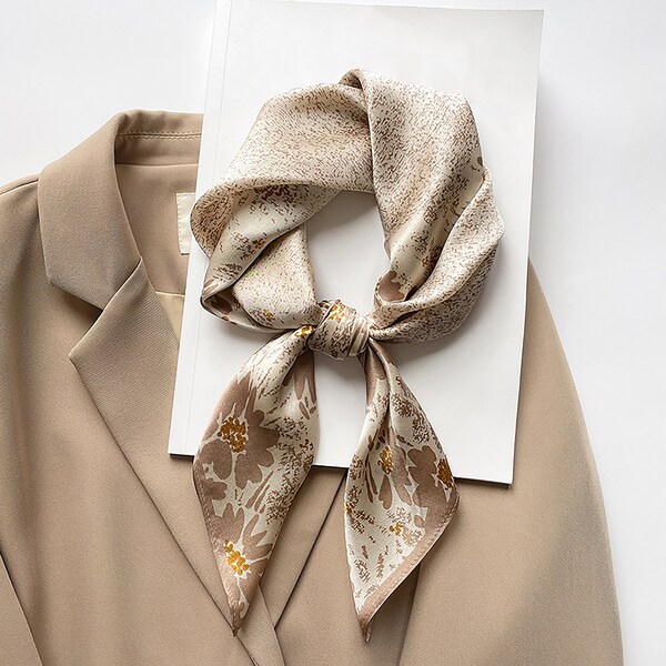 Stylish beige floral silk scarf women, silk neck scarf, large silk bandana women, silk neckerchief women, silk hair scarf, silk head scarf